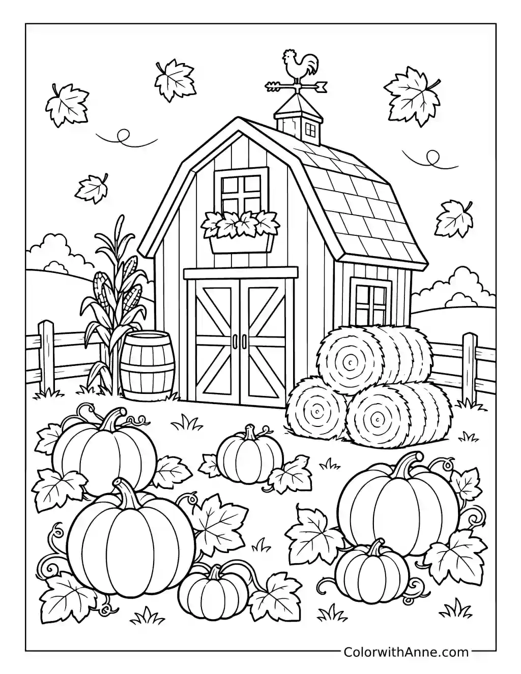 Autumn Barn with Pumpkins and Hay Bales coloring page