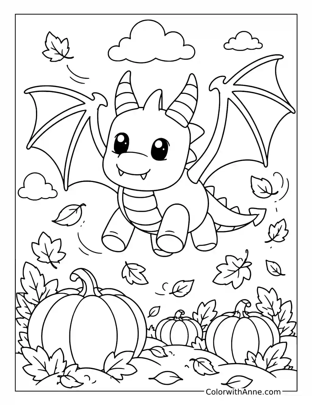 Autumn Dragon with Pumpkins and Leaves coloring page