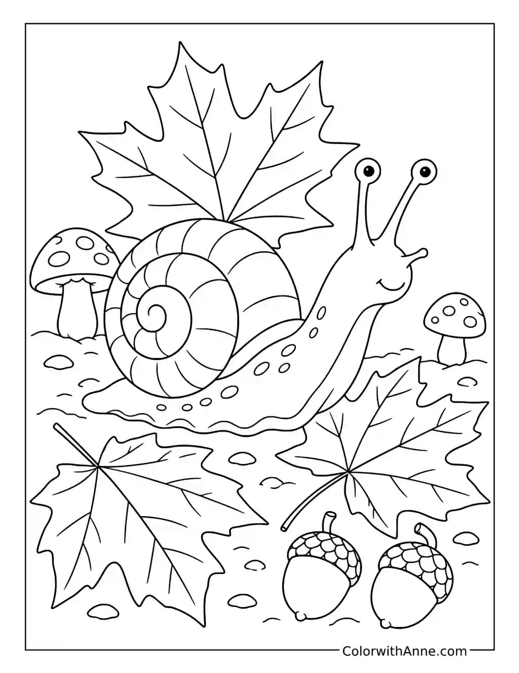 Autumn Snail with Maple Leaves and Acorns coloring page