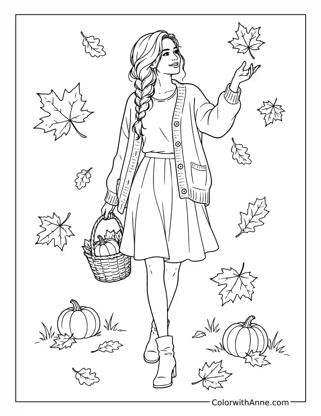 Autumn Stroll with Falling Leaves coloring page