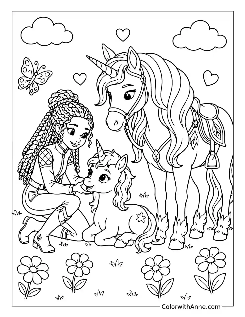 Ava and Leaf Helping a Baby Unicorn coloring page