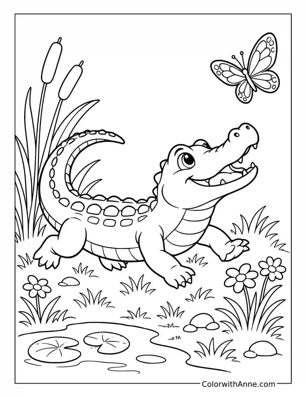 Baby Alligator Chases a Butterfly coloring page