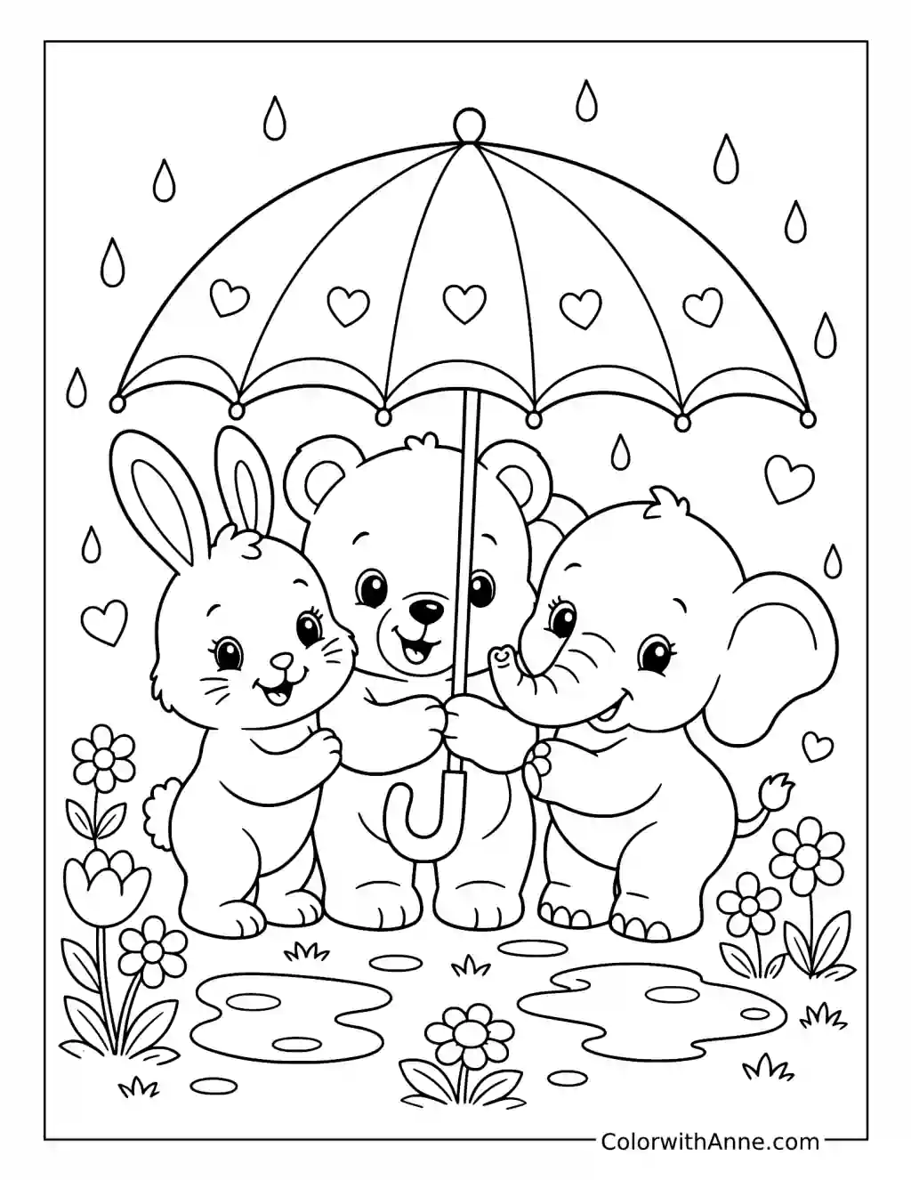 Baby Animals Under an Umbrella coloring page