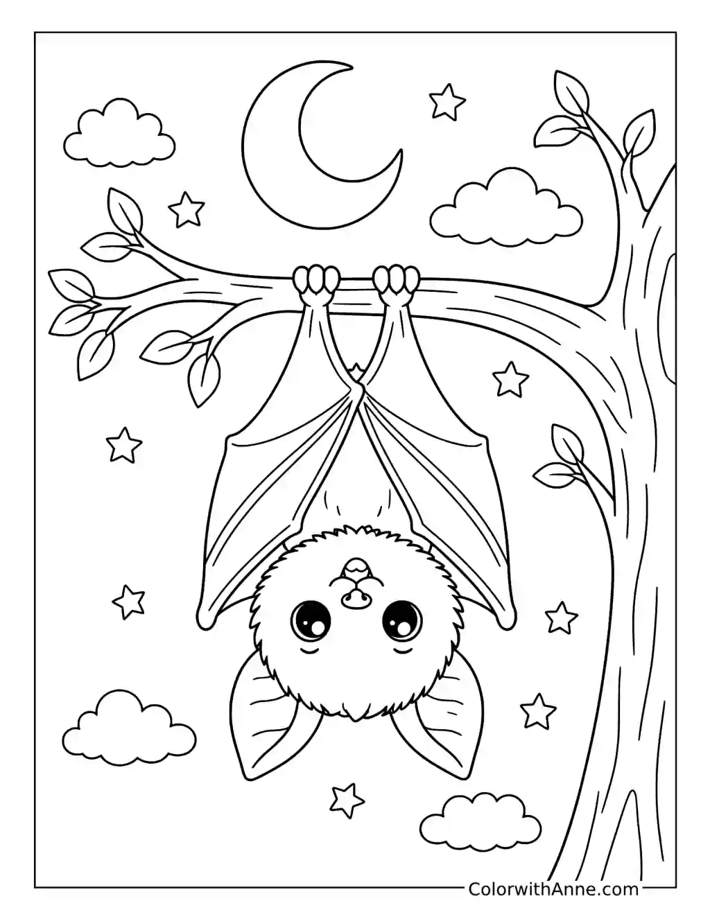 Baby Bat Hanging Under the Moon coloring page