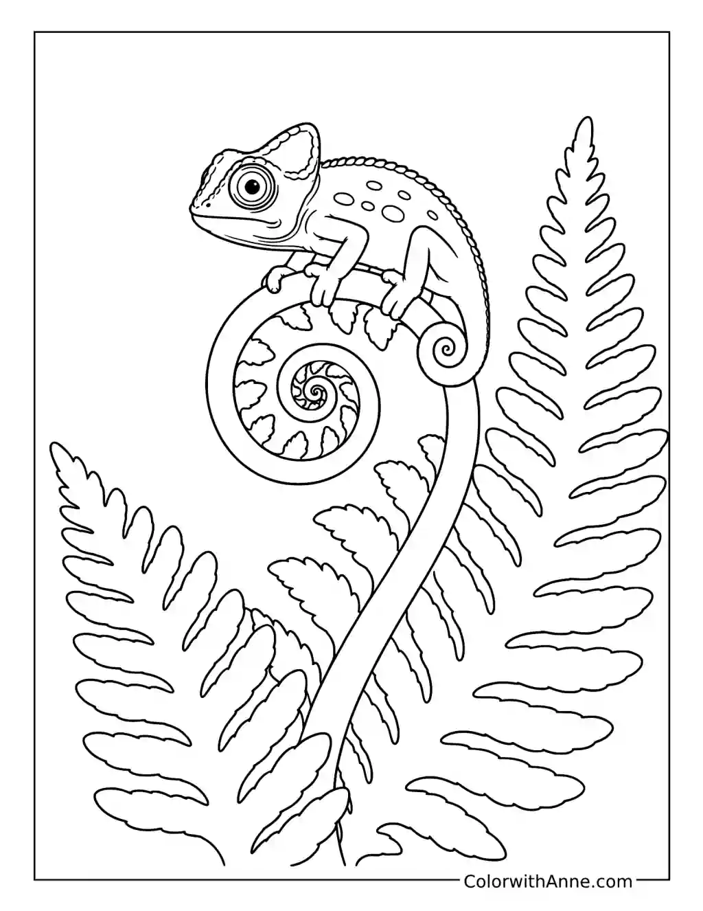 Baby Chameleon on a Curled Fern coloring page
