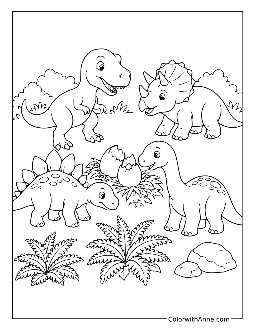 Baby Dinosaurs around Hatching Eggs coloring page