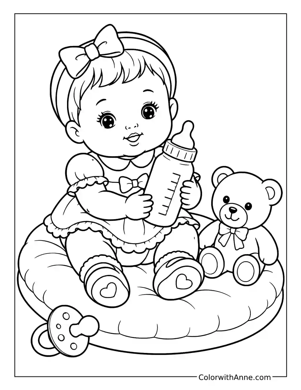 Baby Doll, Bottle, and Teddy Bear coloring page
