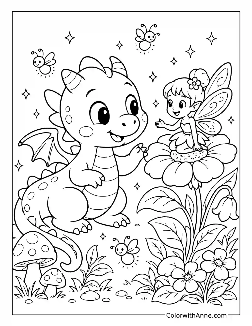 Baby Dragon and a Friendly Fairy coloring page