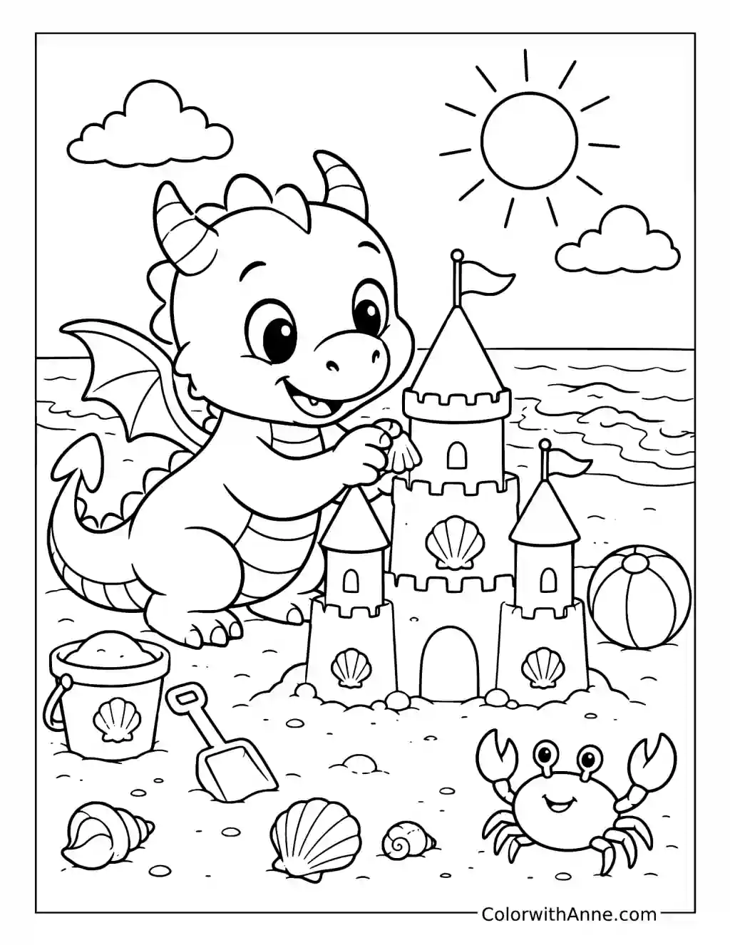 Baby Dragon Building a Sandcastle coloring page