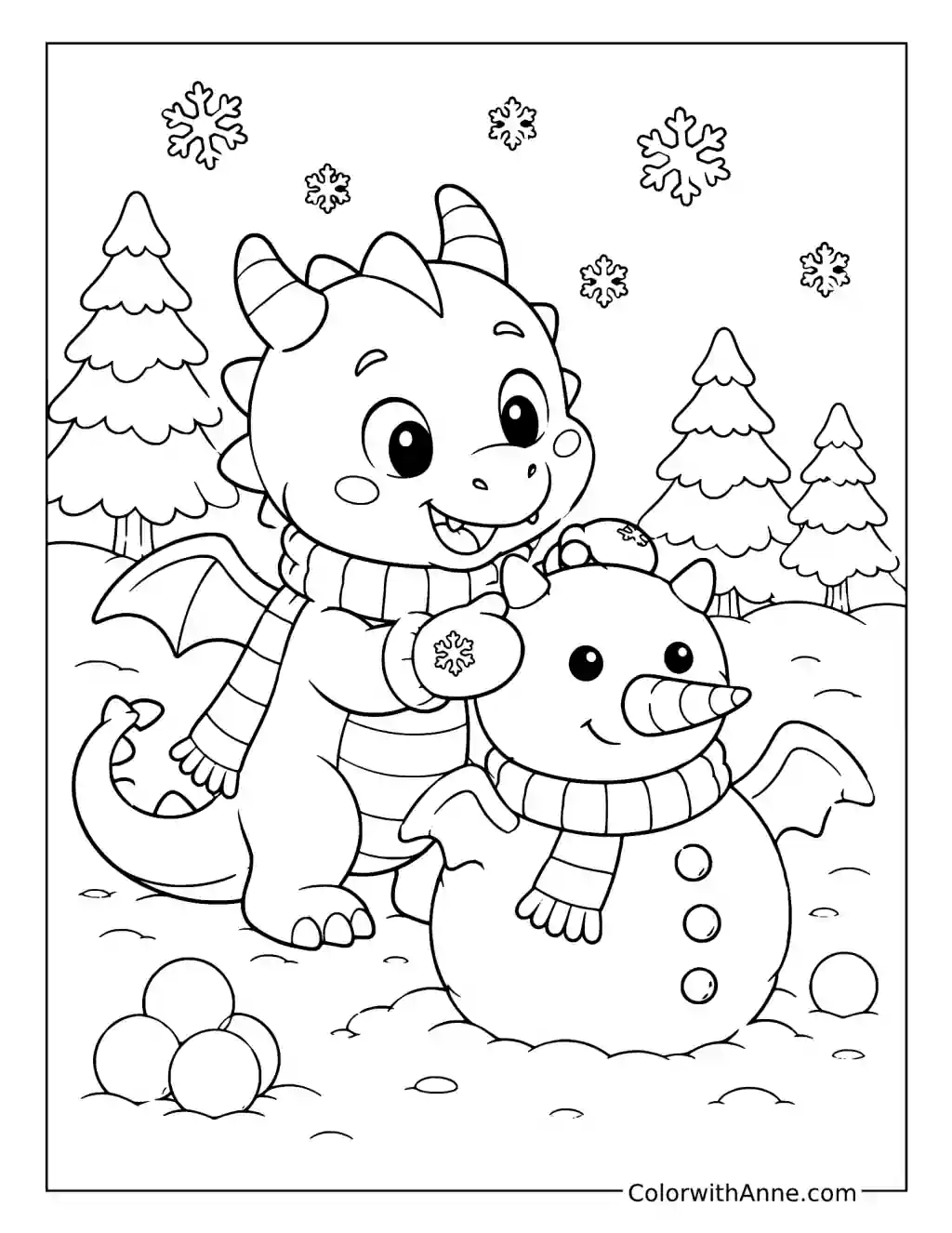 Baby Dragon Building a Snow Dragon coloring page