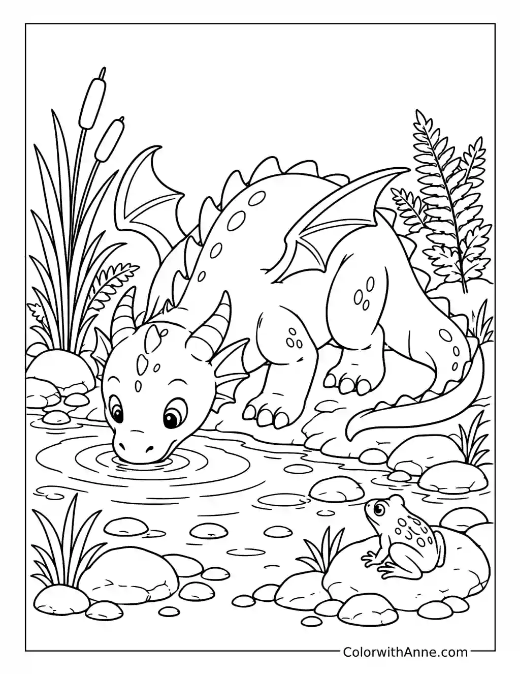 Baby Dragon Drinking from a Woodland Stream coloring page