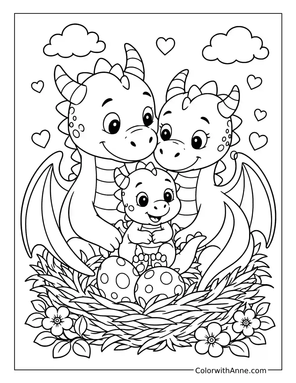 Baby Dragon Family Cuddle coloring page