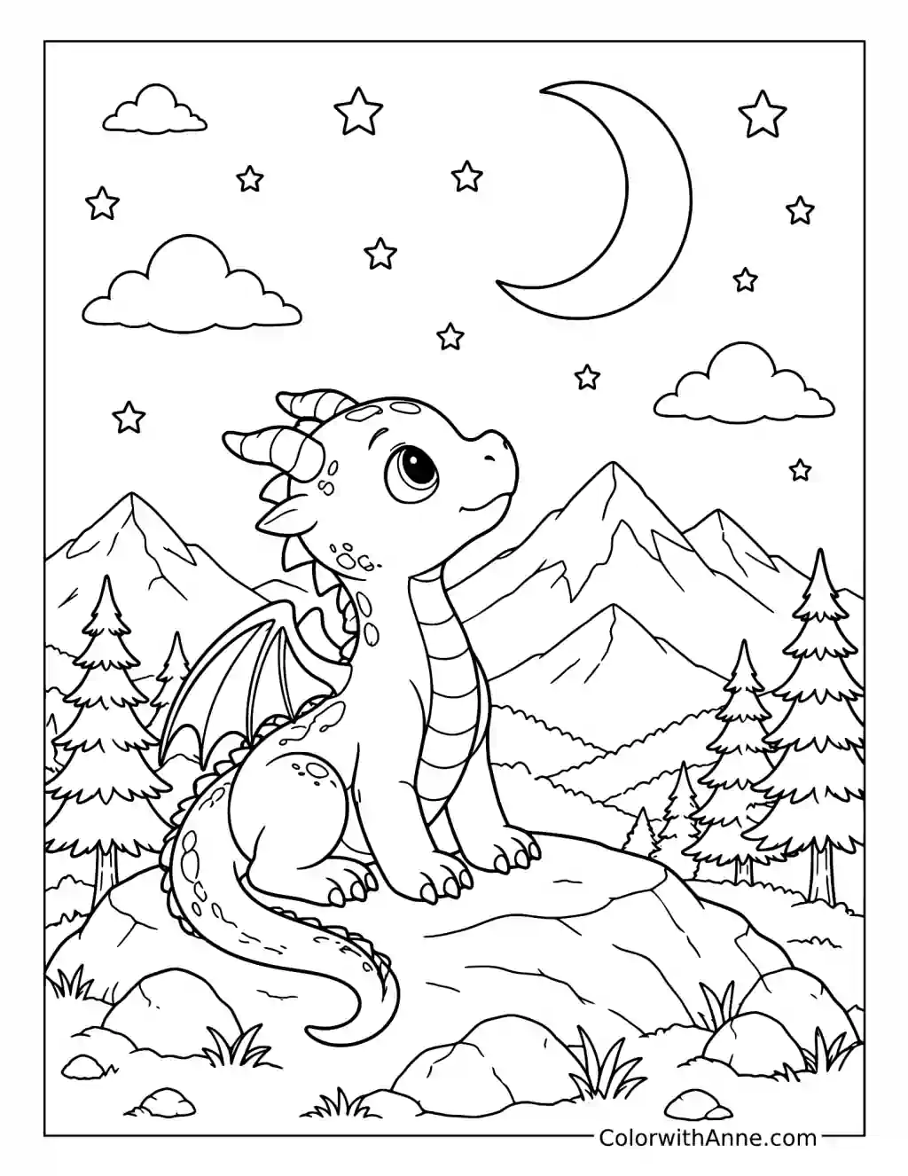 Baby Dragon Gazing at the Moon from a Rocky Hill coloring page