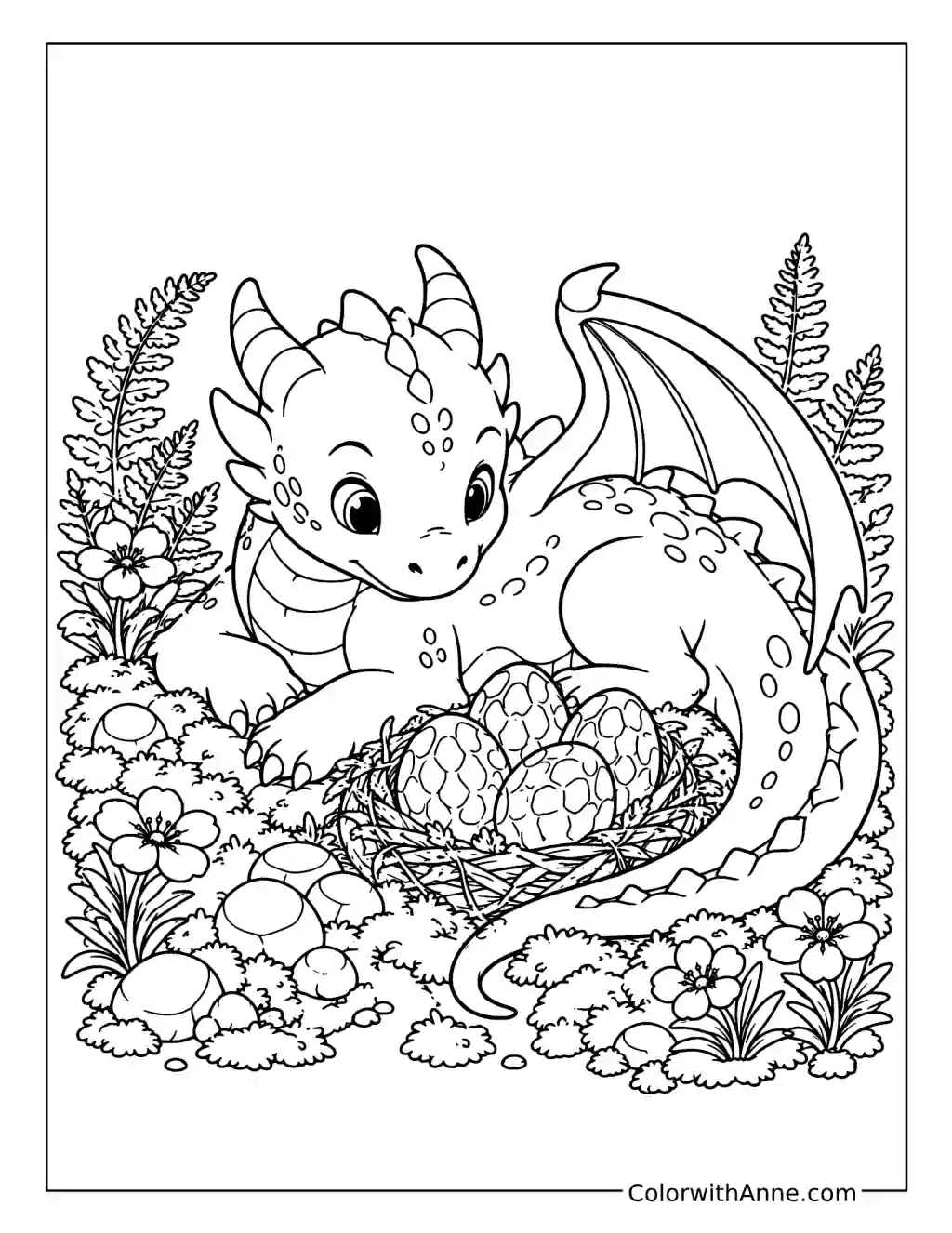 Baby Dragon Guarding a Nest of Eggs coloring page