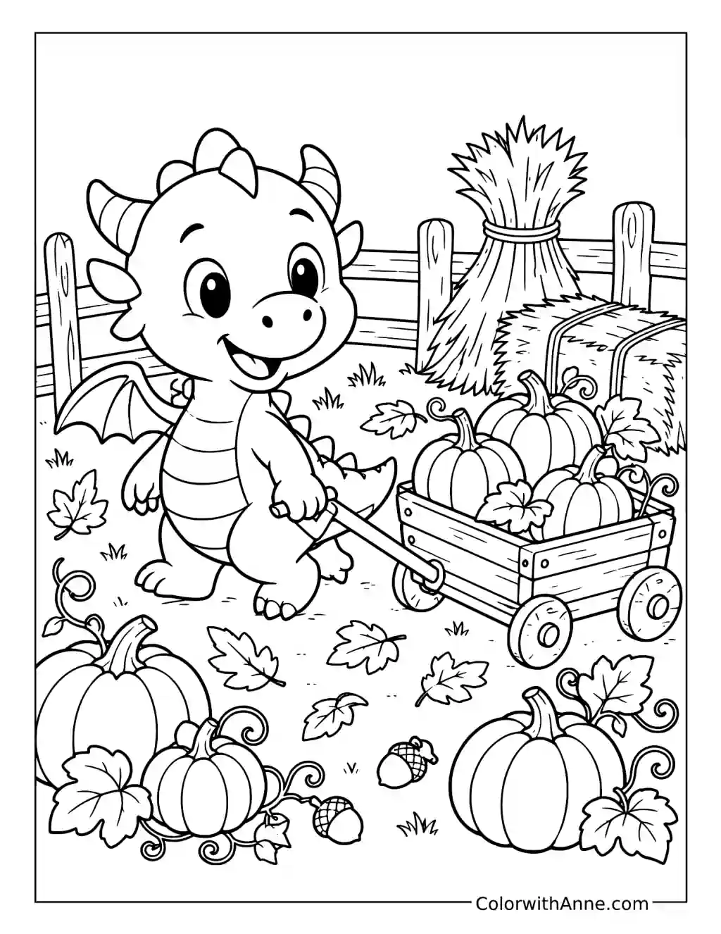 Baby Dragon in an Autumn Pumpkin Patch coloring page