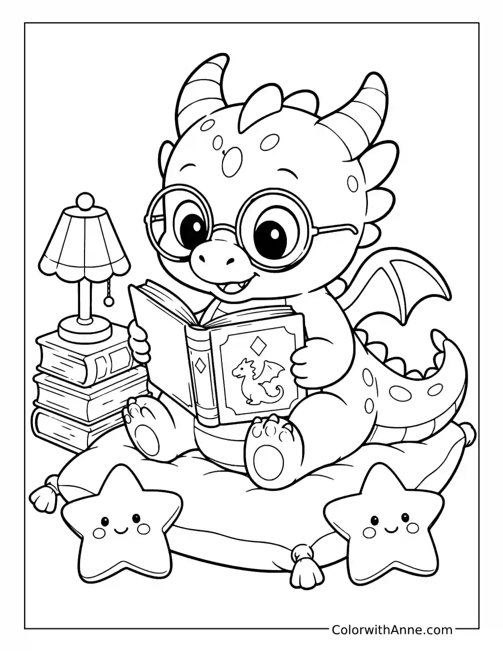 Baby Dragon Reading a Storybook coloring page