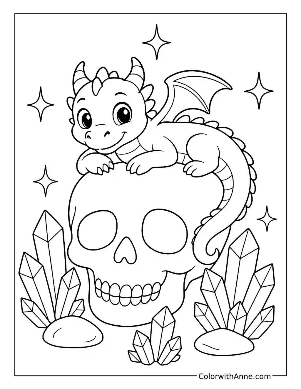 Baby Dragon Resting on a Skull among Crystals coloring page