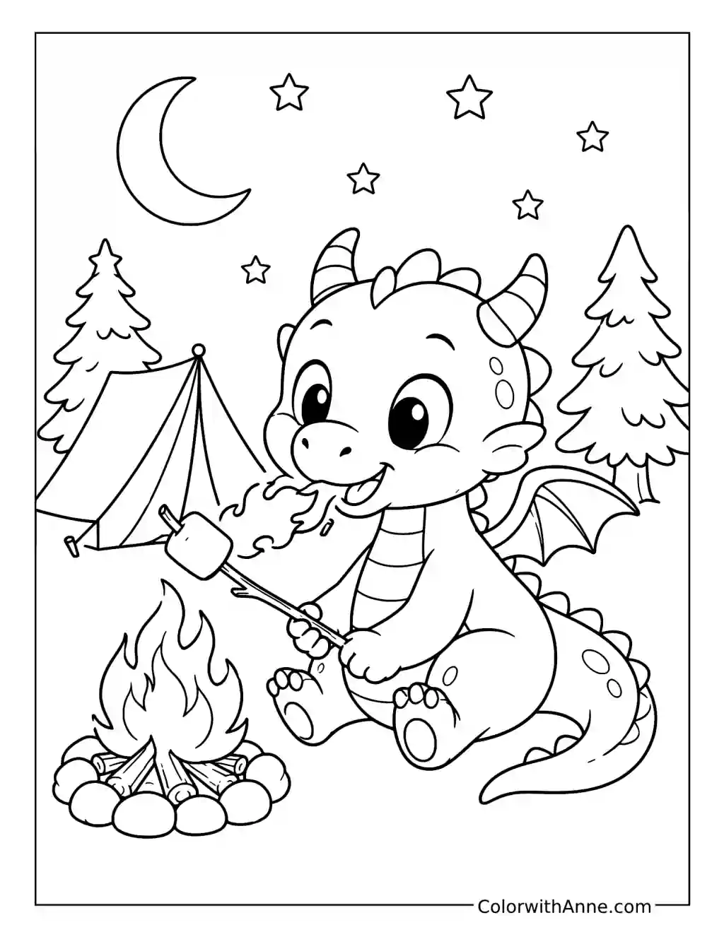 Baby Dragon Roasting Marshmallows coloring page
