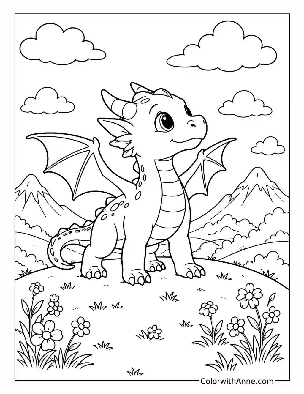 Baby Dragon Stretching Its Wings on a Hill coloring page