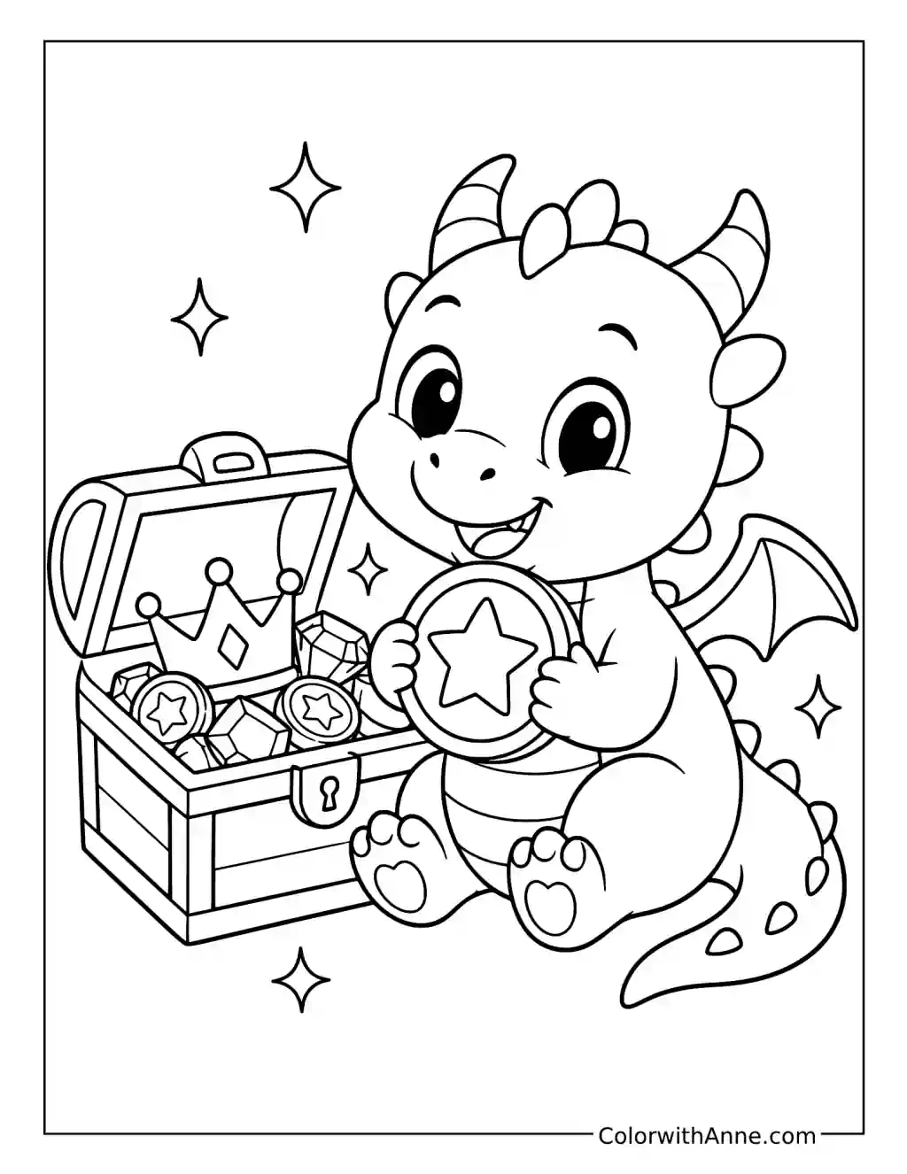 Baby Dragon with a Treasure Chest coloring page
