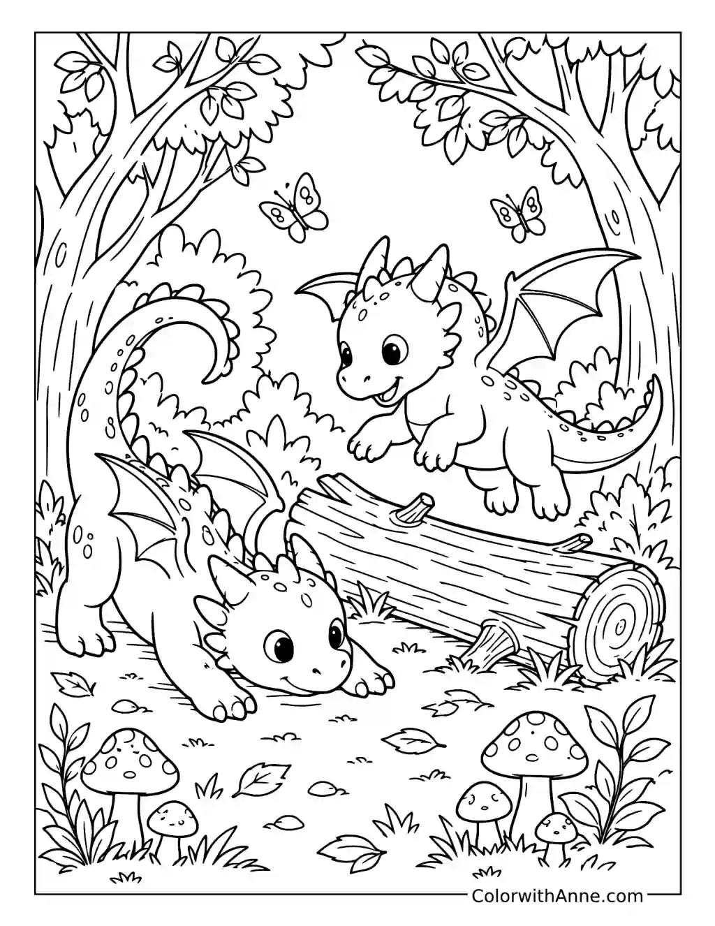 Baby Dragons Playing Around a Fallen Log coloring page