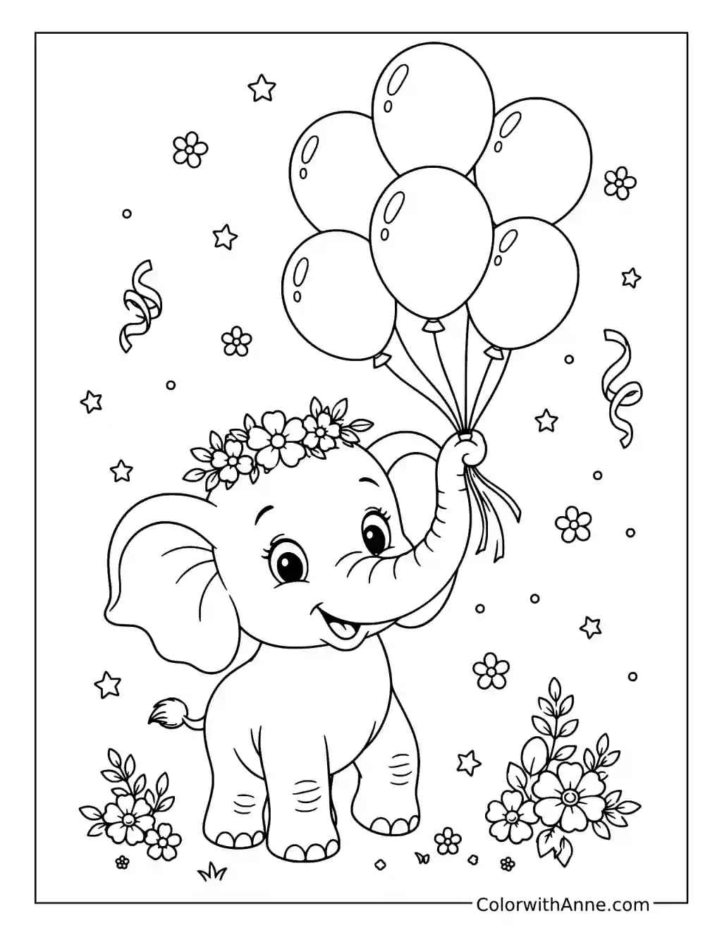 Baby Elephant Holding Balloons coloring page