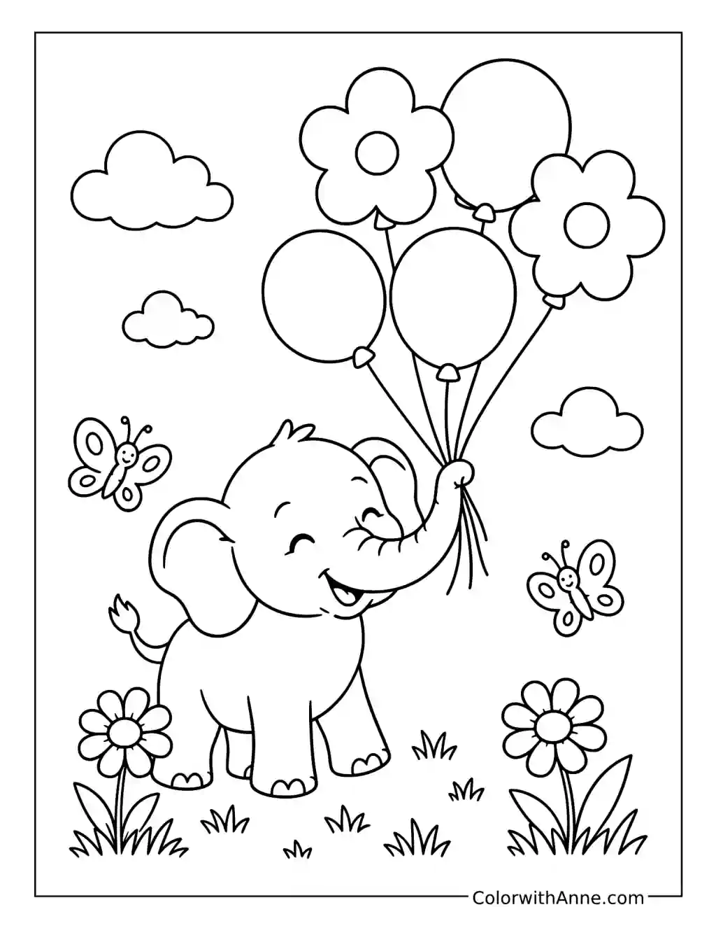 Baby Elephant’s Balloon Meadow coloring page