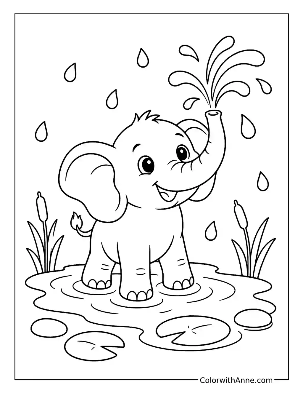 Baby Elephant Splashing in a Puddle coloring page