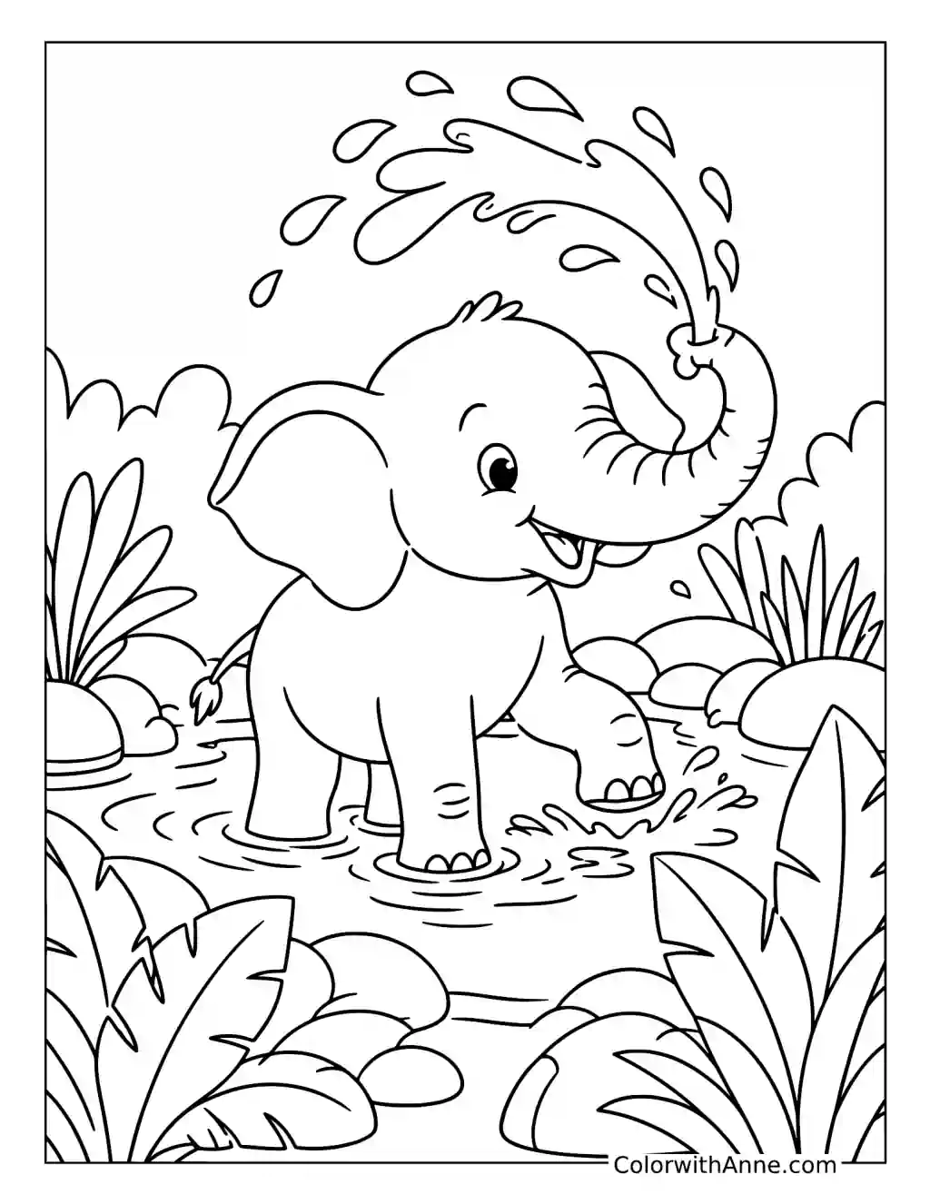 Baby Elephant Splashing Water coloring page