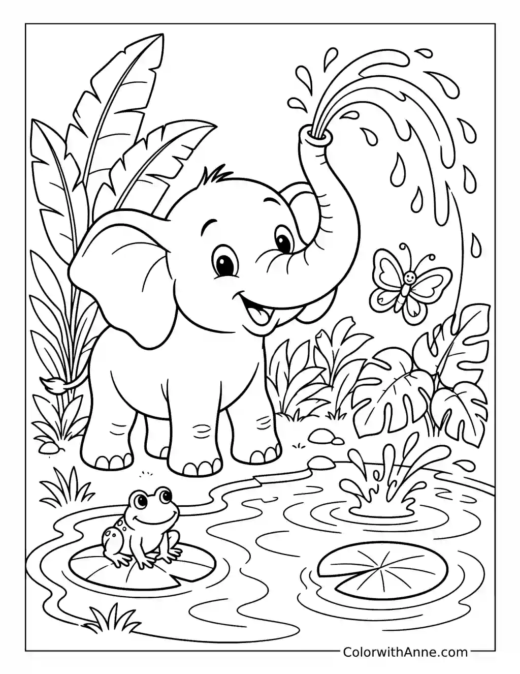 Baby Elephant Spraying Water by a Jungle Pond coloring page