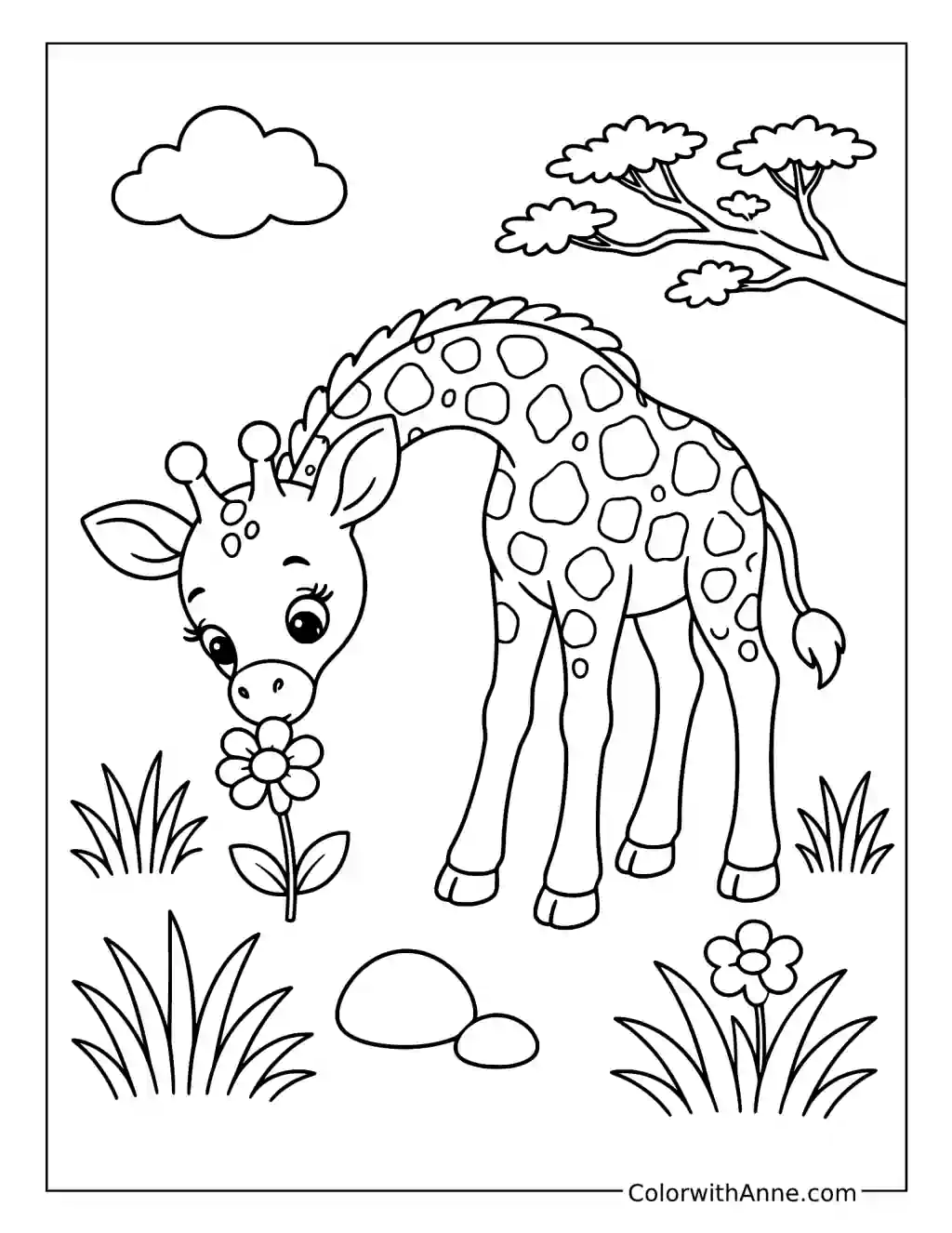 Baby Giraffe Smelling a Savanna Flower coloring page