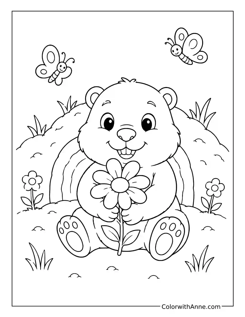 Baby Groundhog with a Daisy coloring page