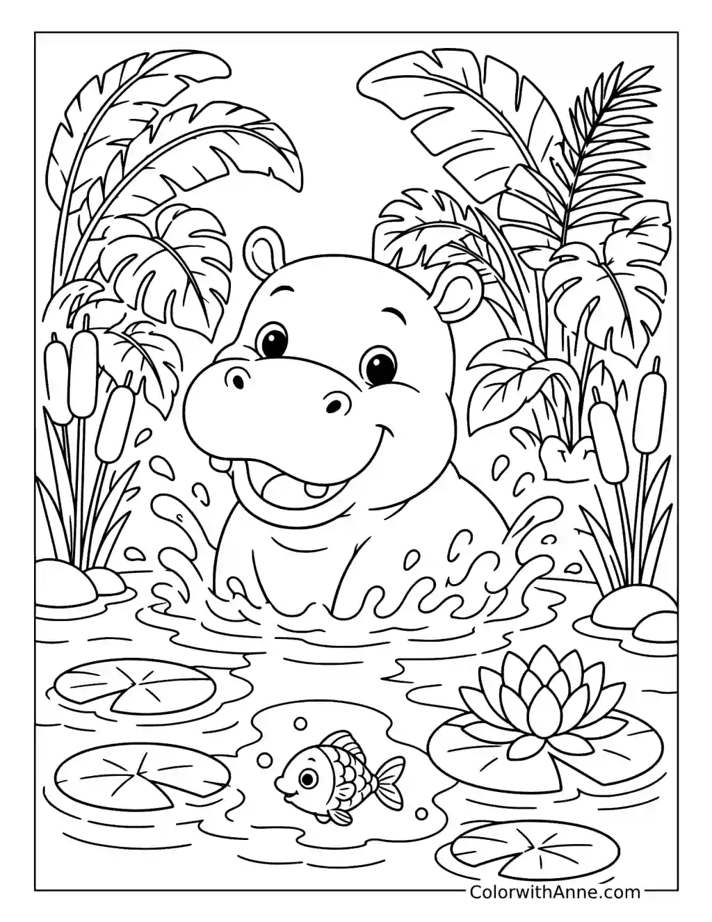 Baby Hippo Splashing in a Jungle Pond coloring page