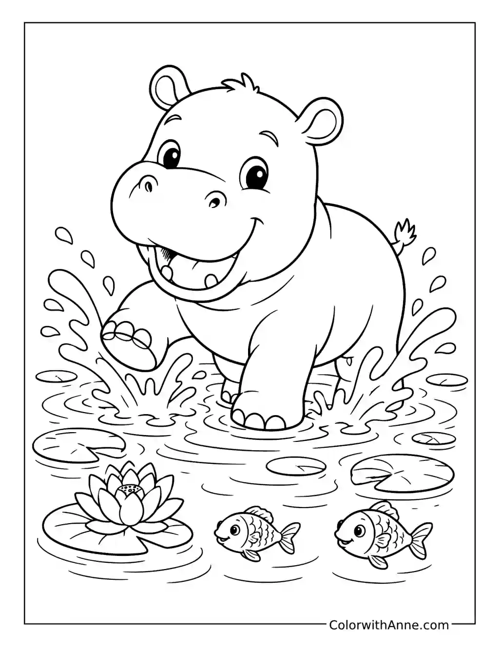 Baby Hippo Splashing in a Pond coloring page