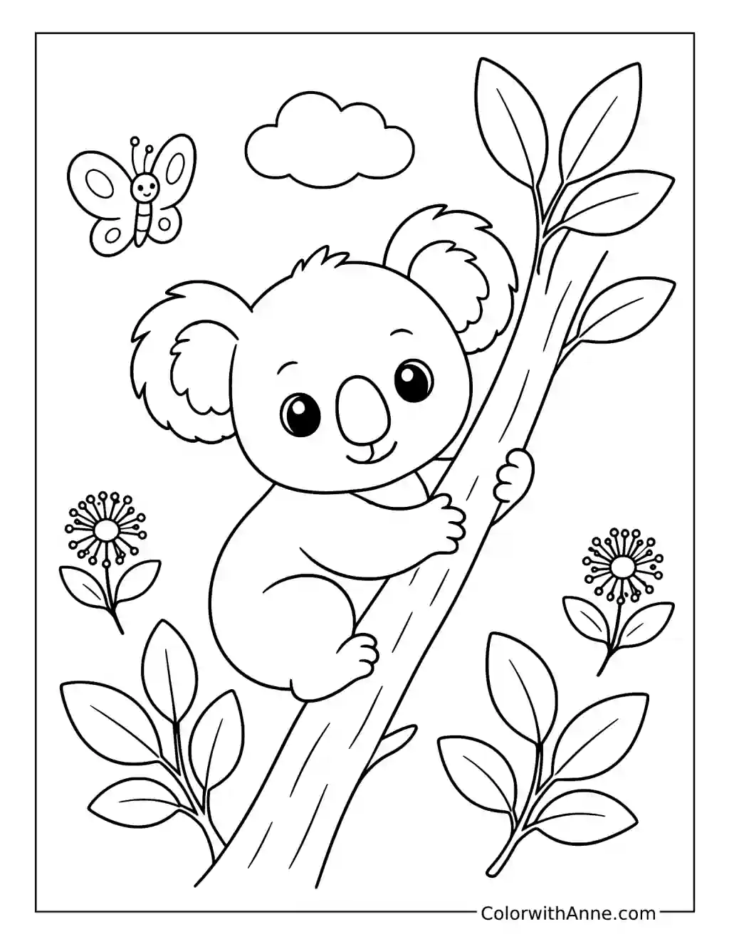 Baby Koala Hugging a Eucalyptus Branch coloring page