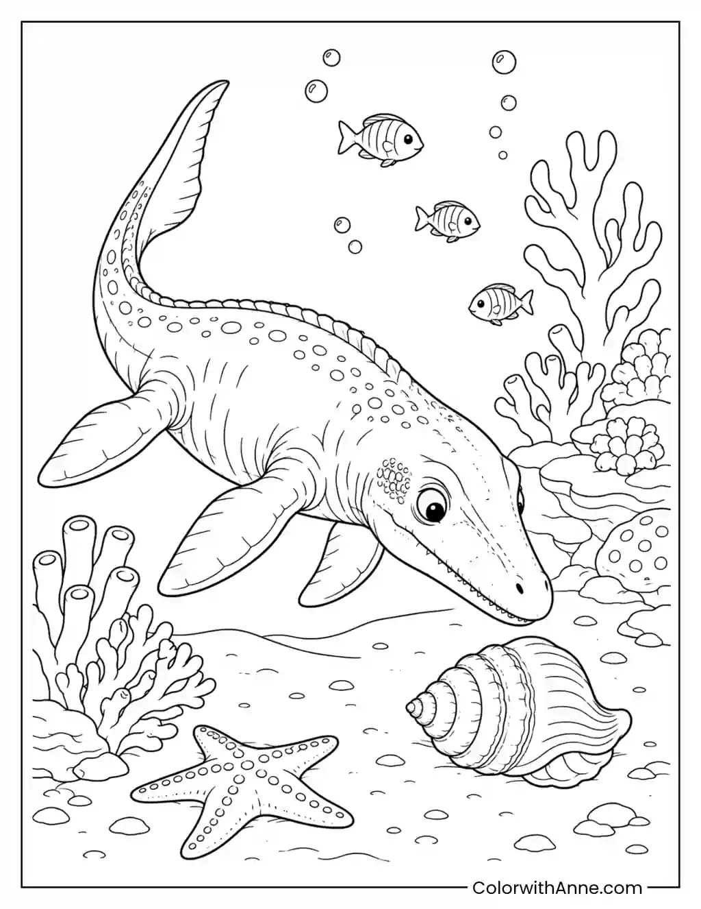 Baby Mosasaurus Exploring the Reef coloring page