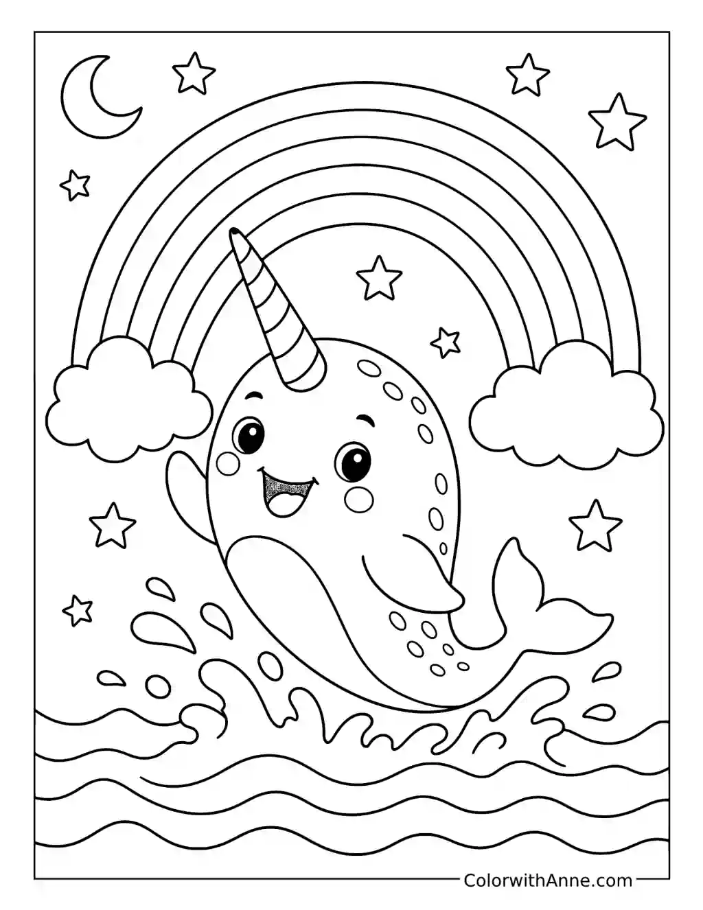 Baby Narwhal Under a Rainbow coloring page