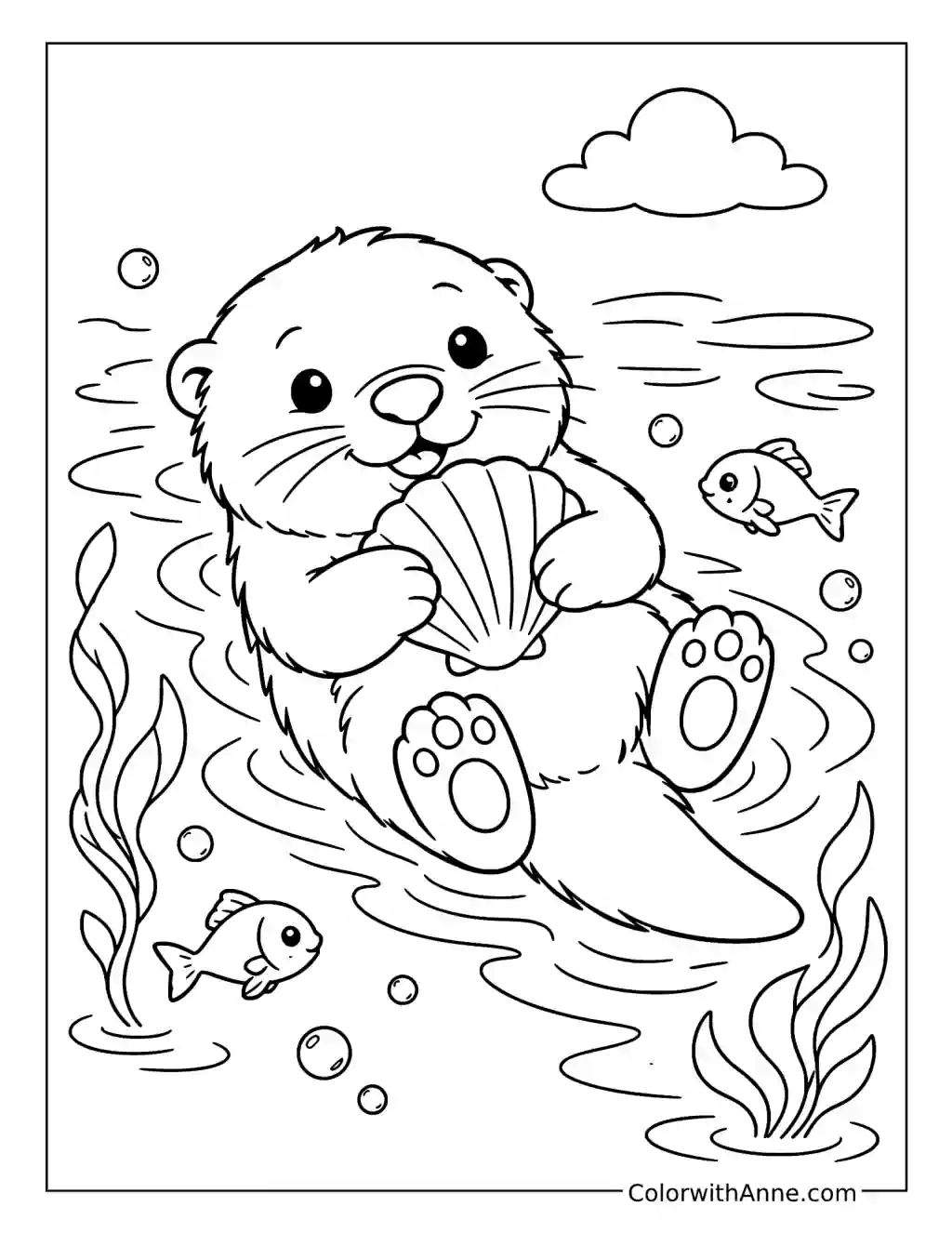 Baby Otter Hugging a Seashell coloring page