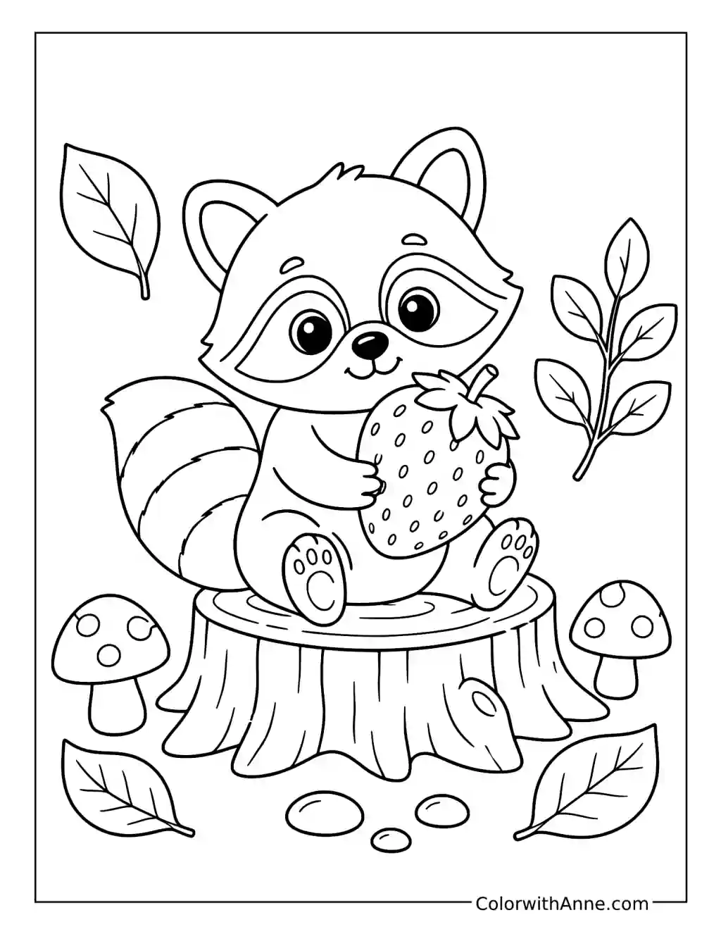 Baby Raccoon Hugging a Strawberry coloring page
