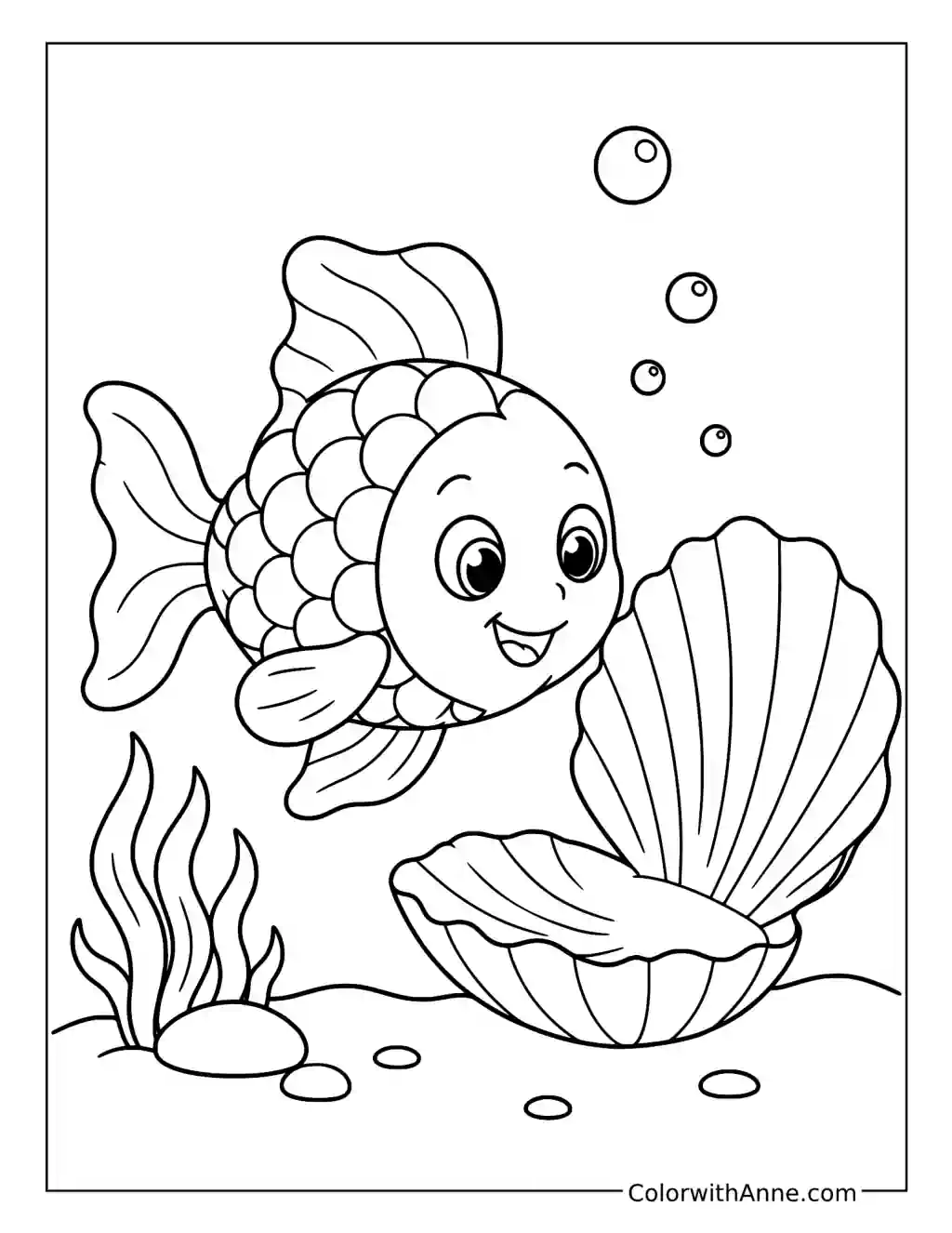 Baby Rainbow Fish and Shell coloring page