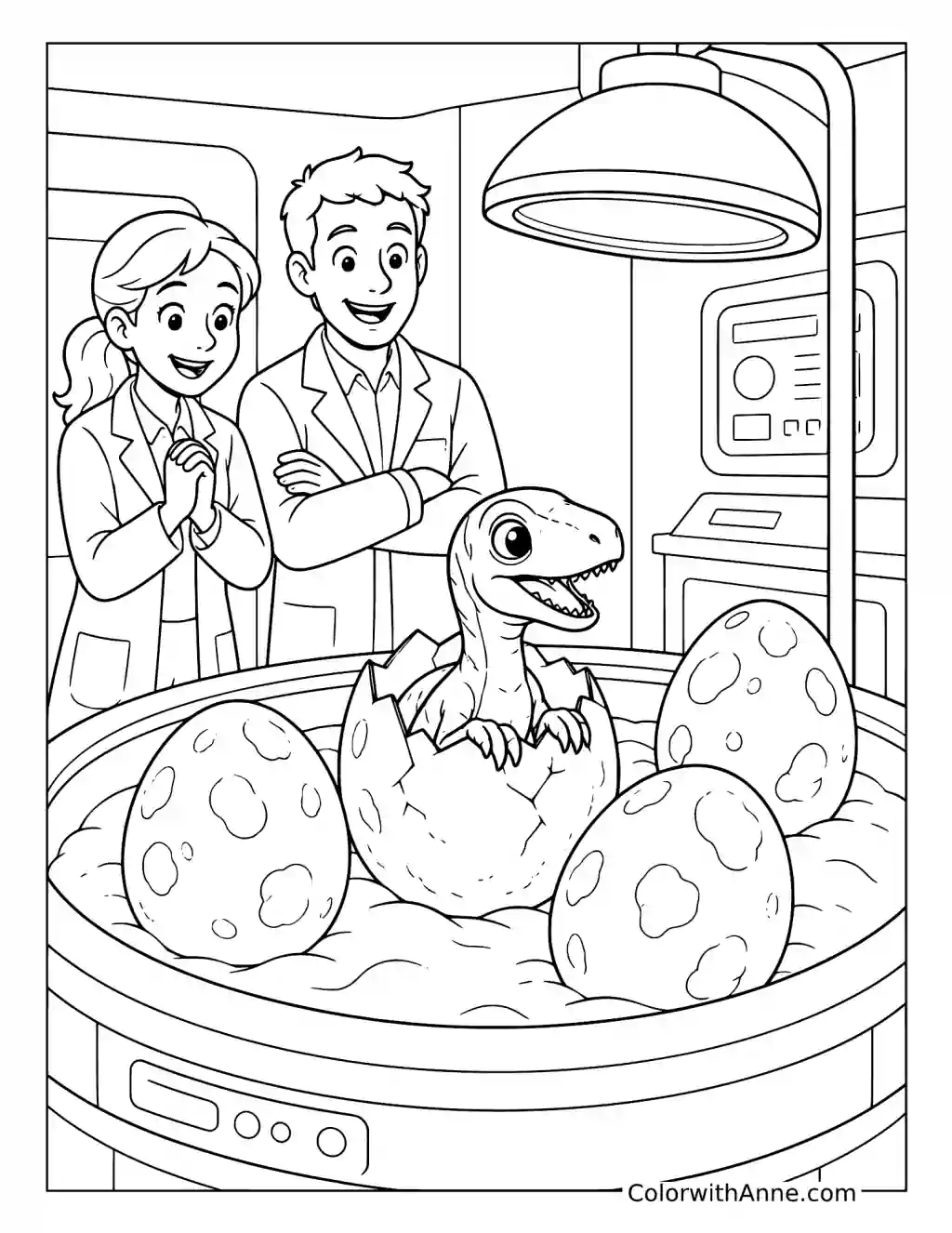 Baby Raptor Hatching in the Laboratory coloring page