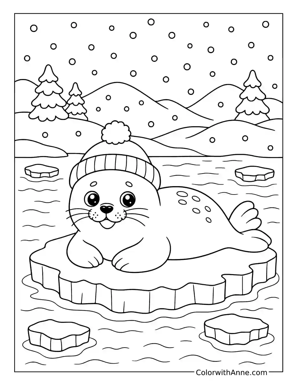 Baby Seal on a Snowy Ice Floe coloring page
