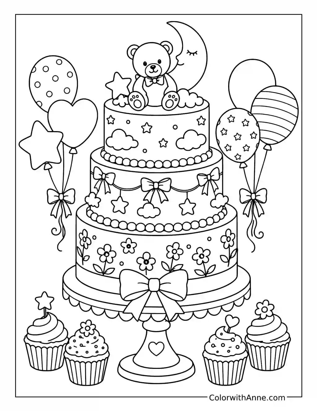 Baby Shower Cake with Balloons coloring page