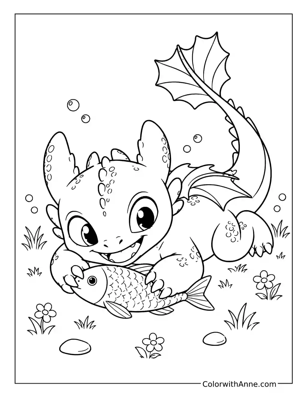 Baby Toothless Plays with a Fish coloring page