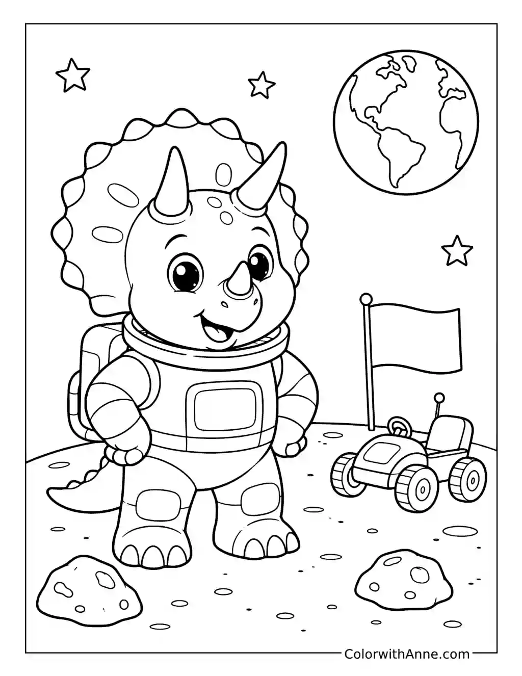 Baby Triceratops Astronaut on the Moon coloring page