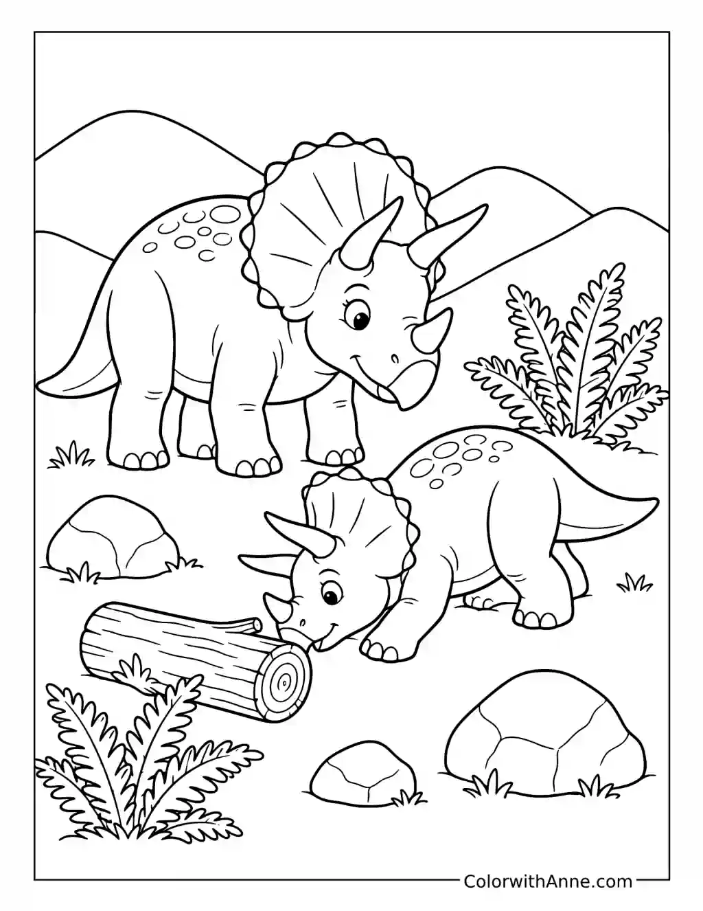Baby Triceratops Practices with Mom coloring page