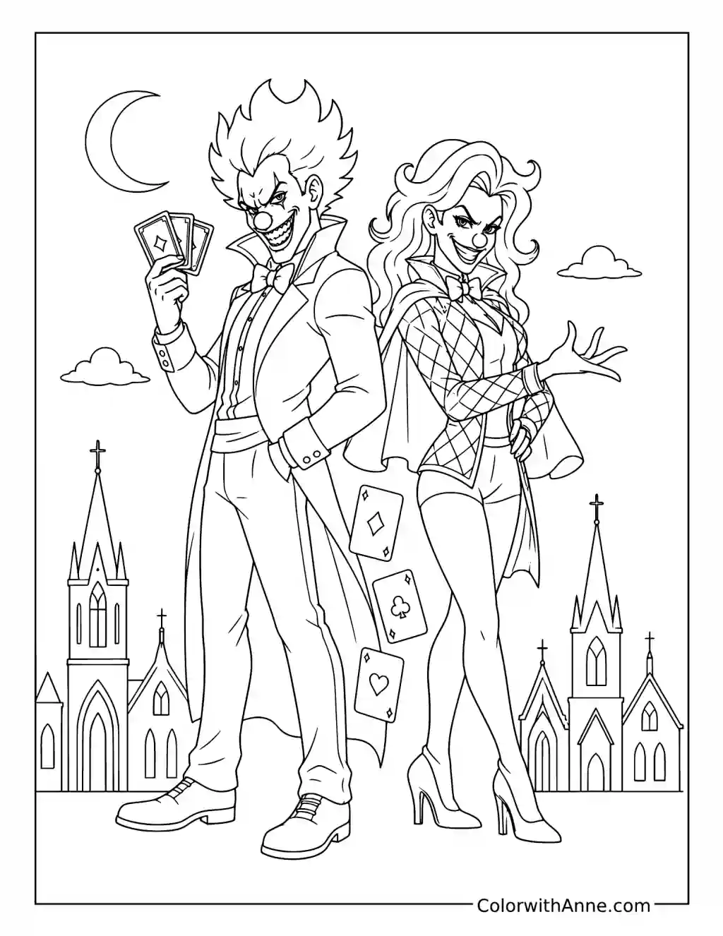 Back-to-Back Joker and Card Illusionist coloring page