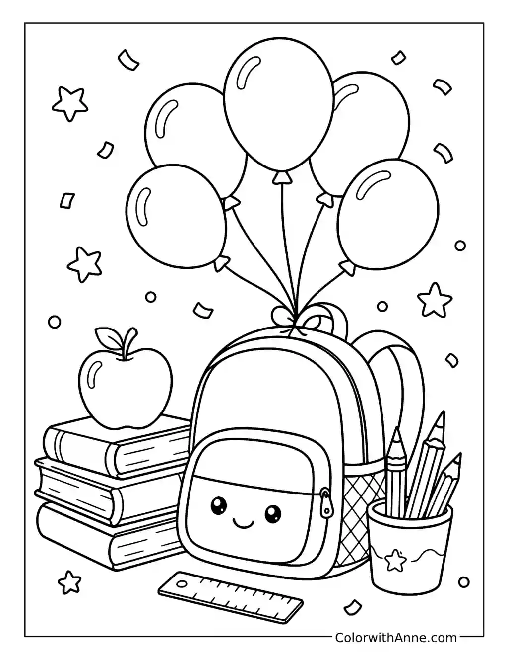 Backpack with Balloons Beside Books coloring page