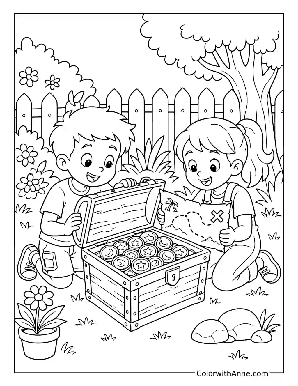 Backyard Treasure Chest Full of Coins coloring page
