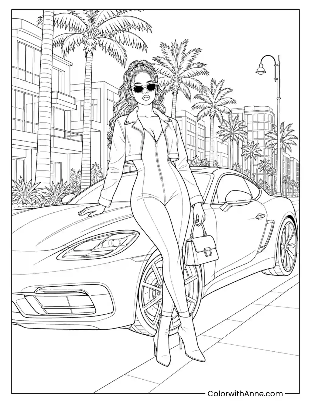 Baddie beside a Luxury Car coloring page